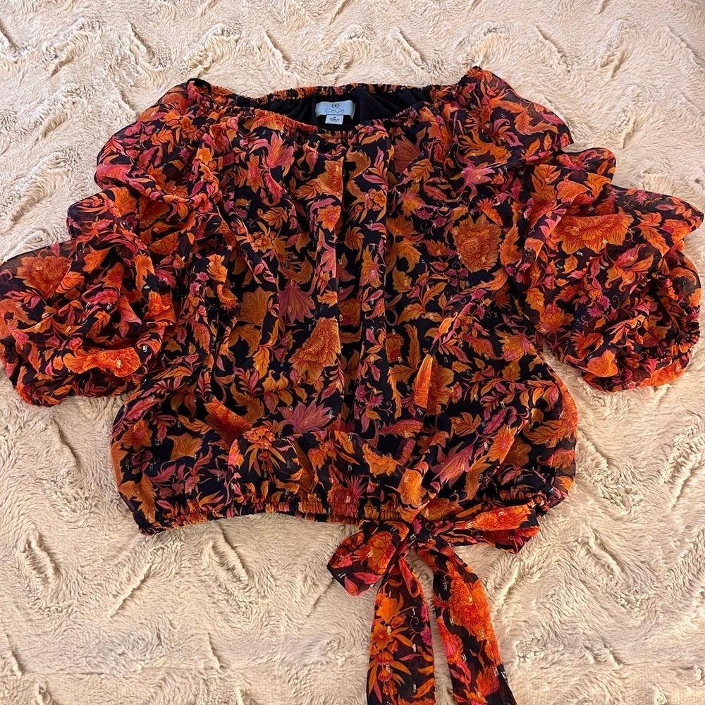 CeCe M Floral Puff Sleeves Bow Blouse Bold Orange Glitter Blue Showgirl Top - Picture 5 of 7